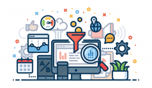 Collection of images related to search engines, like computers, funnels, graphs, etc