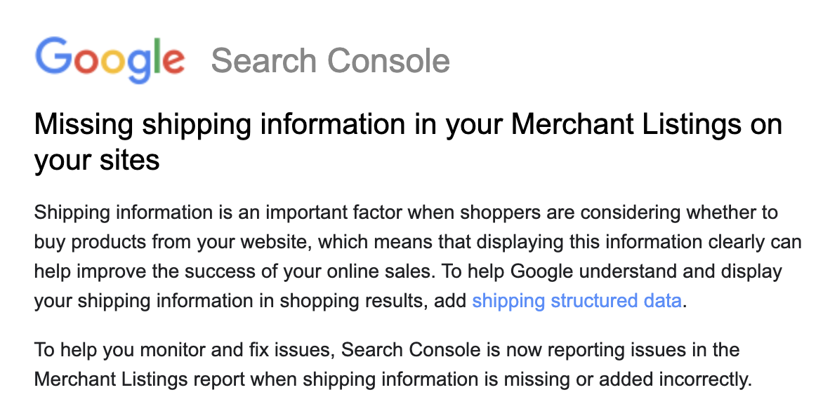 Missing Shipping Information in Your Merchant Listings on Your Site