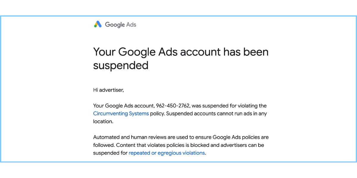 Google email notice circumventing systems suspension