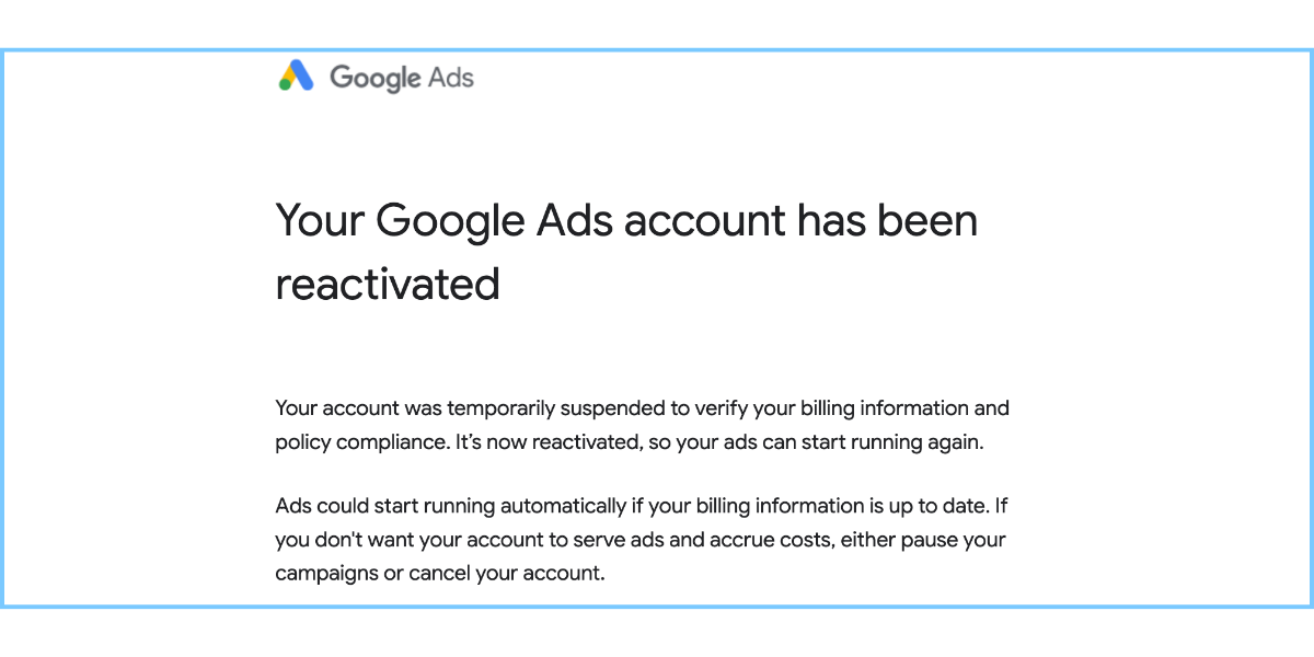 Google circumventing systems reinstatement notice