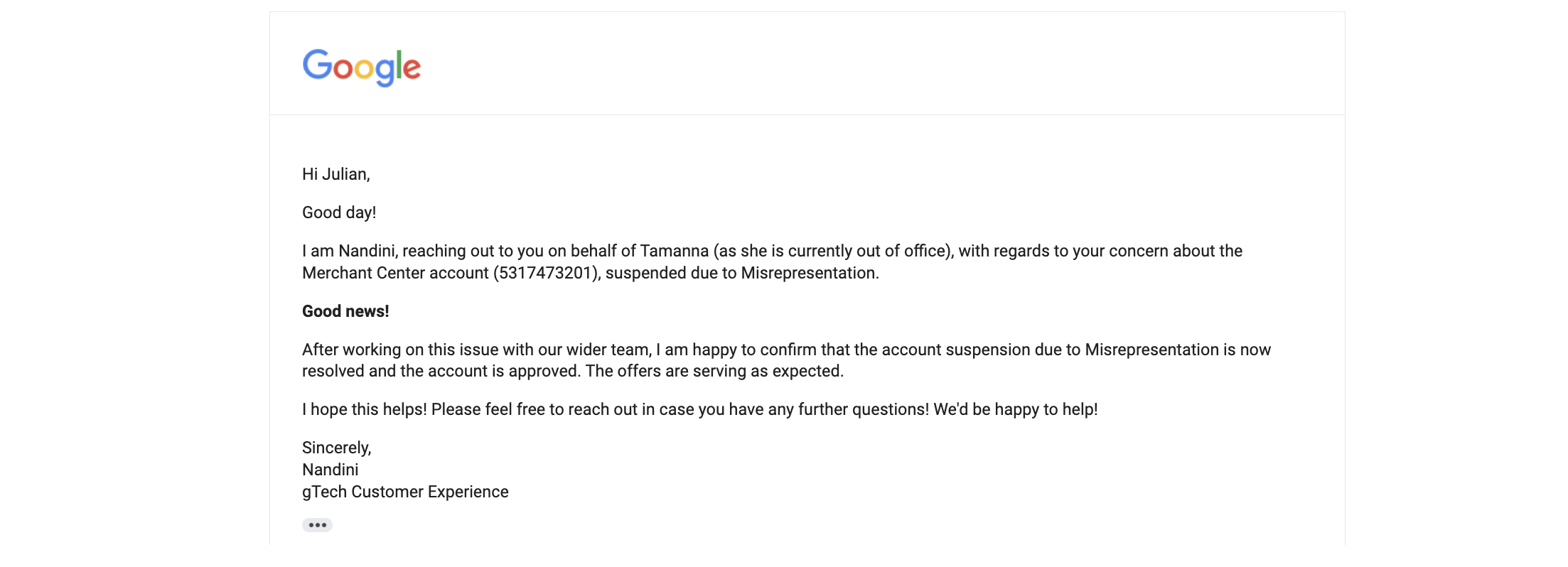 Google merchant center misrepresentation resolved notice