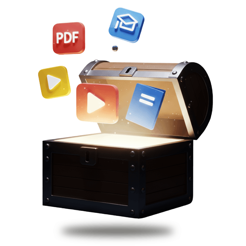 A chest opens, releasing icons of knowledge from within it.