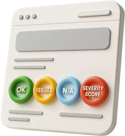 pop-up-suspension-scaner Stylized website audit dashboard showing four circular status indicators labeled OK, Issues, N/A, and Severity Score in green, yellow, blue, and red