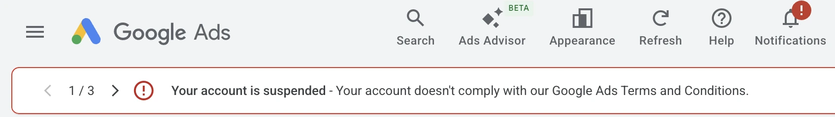 Google Ads Terms & Conditions Suspension Notification